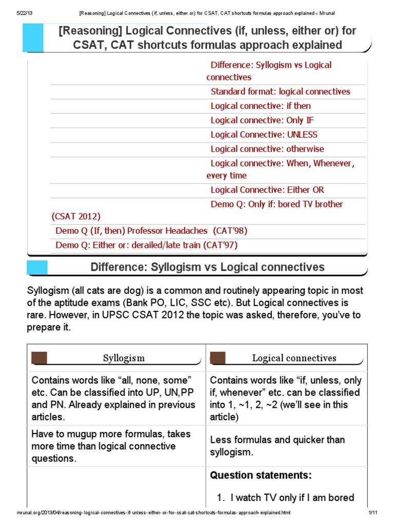 Reasoning Logical Connectives If Unless Either Or For Csat Cat Shortcuts Formulas Approach Explained Mrunal Validity Logic