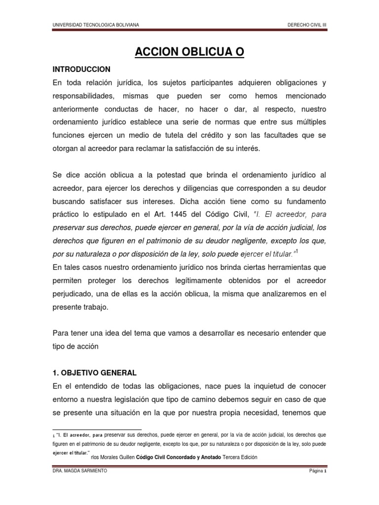 Accion Oblicua | PDF | Bienes (Ley) | Causa de la acción