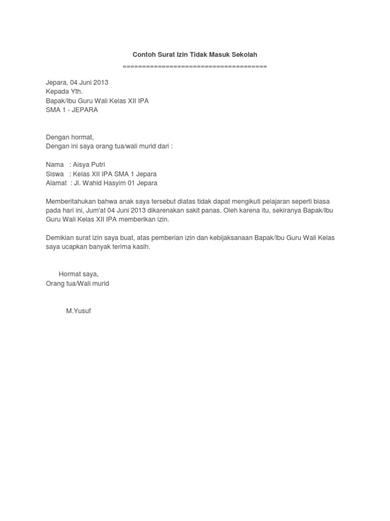 Contoh Surat Izin Tidak Masuk Sekolah Pdf