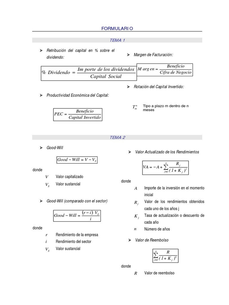 Formulas de Fundamentos de Inversion | PDF | Compartir (Finanzas ...