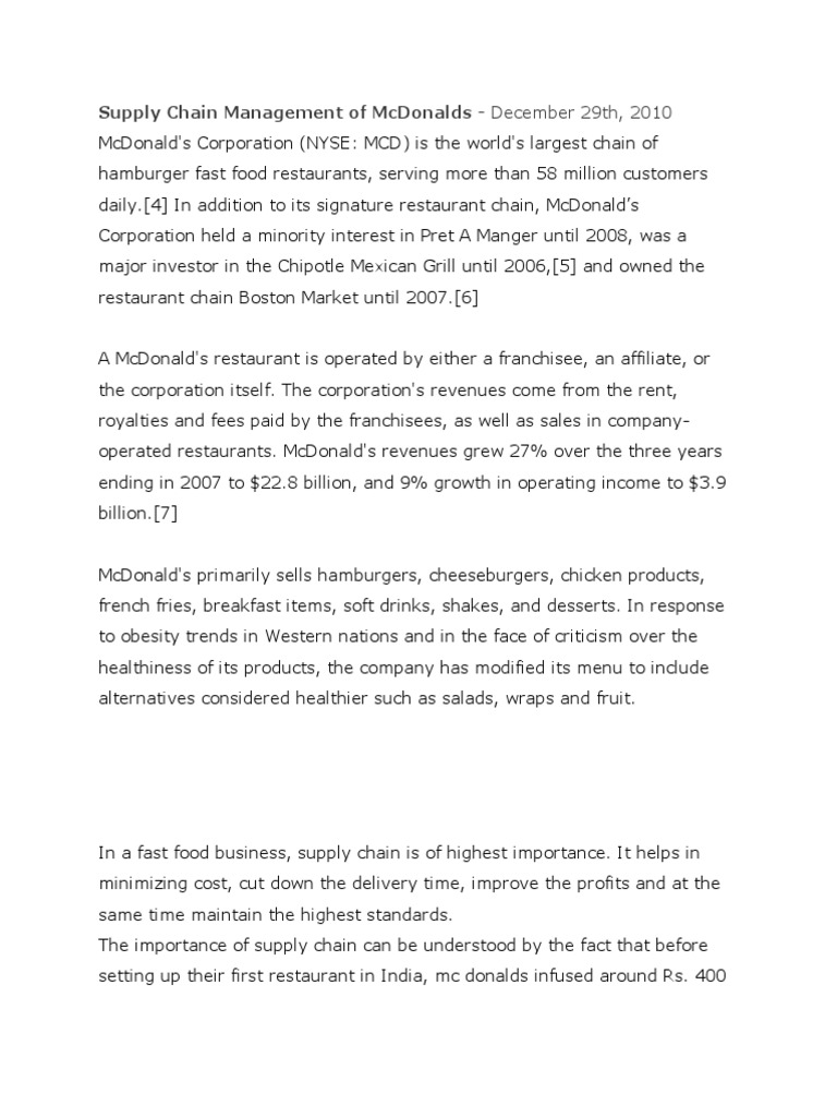 Supply Chain Management of McDonalds PDF Mc Donald's Refrigeration