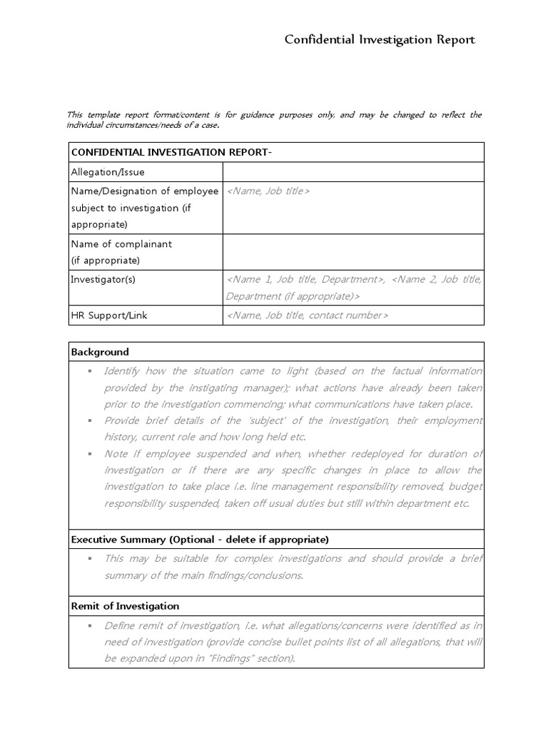 Investigation Template Report Form  PDF  Evidence  Burden Of For Hr Investigation Report Template