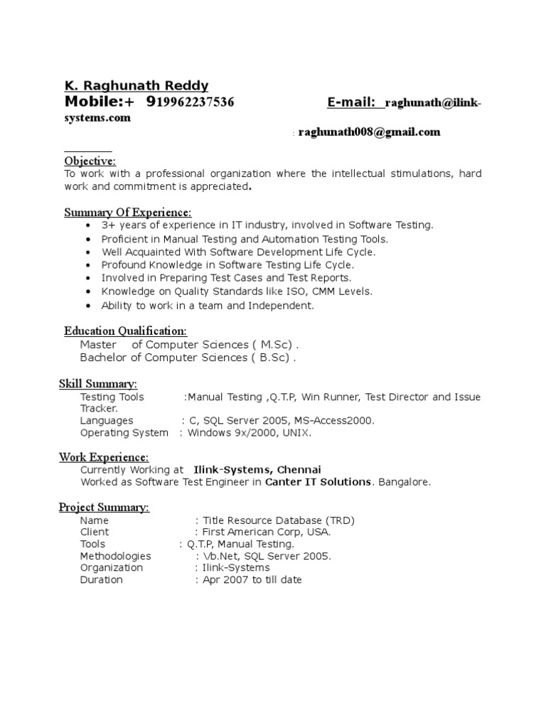 Resume Testing Resume For 1 Year Experience 3 6 yrs exp in testing resume invoice software testing