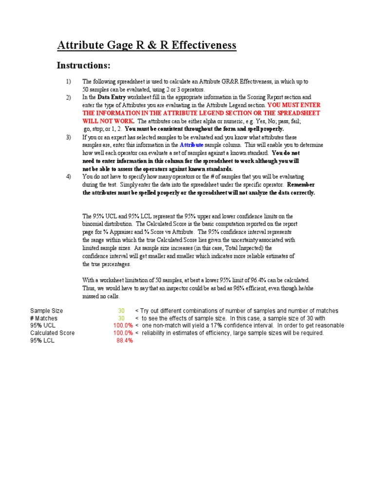 Attribute Gage R & R Effectiveness Form Spreadsheet Confidence Interval
