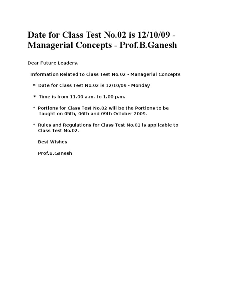 Class Test No.02 Details - Managerial Concepts | PDF