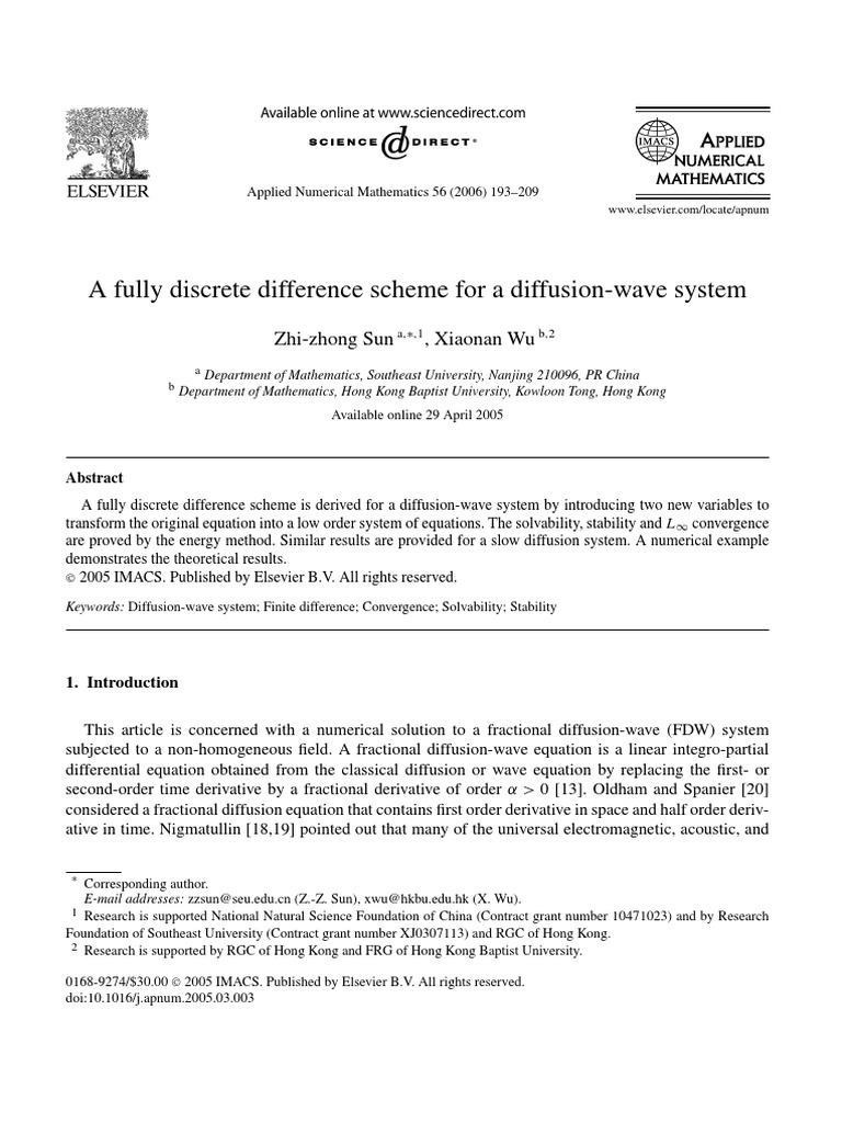 A Fully Discrete Difference Scheme For A Diffusion Wave System Green S Function Equations