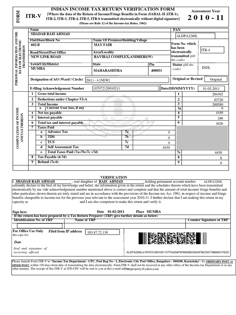 ItrV Indian Tax Return Verification Form PDF Tax In India Taxation