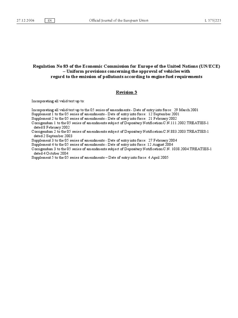 UN Regulation No. 83 on Vehicle Emissions | PDF | Exhaust Gas ...
