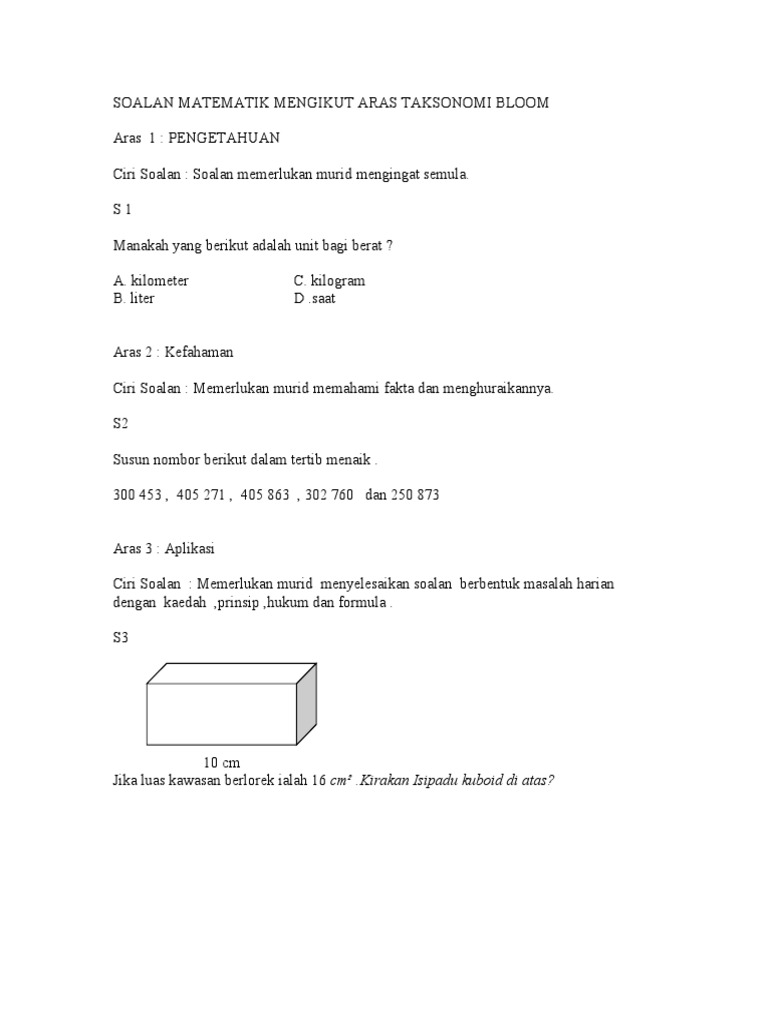 Soalan Matematik Mengikut Aras Taksonomi Bloom Pdf