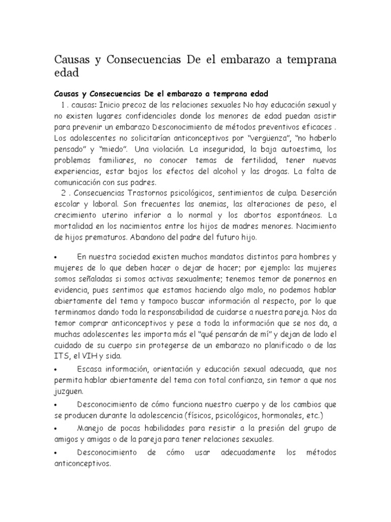 Causas Y Consecuencias De El Embarazo A Temprana Edaddocx