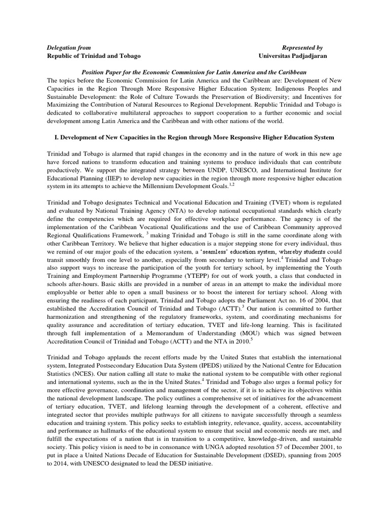 Position Paper example for NMUN | Biodiversity | Vocational Education