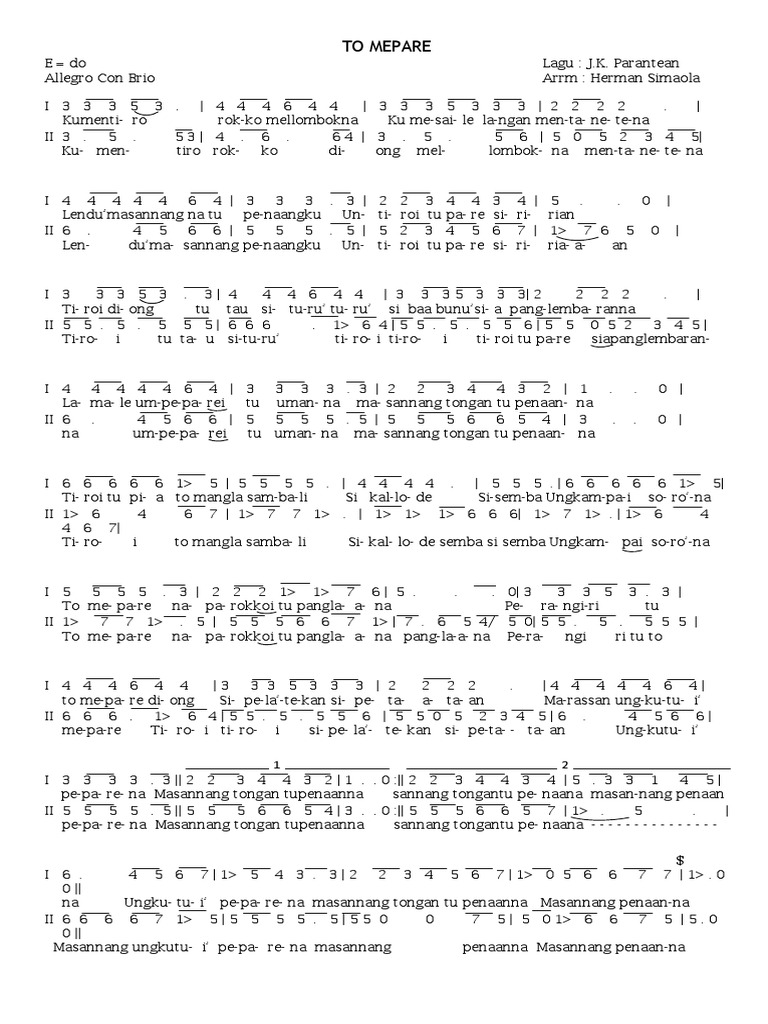 Partitur Lagu To Mepare