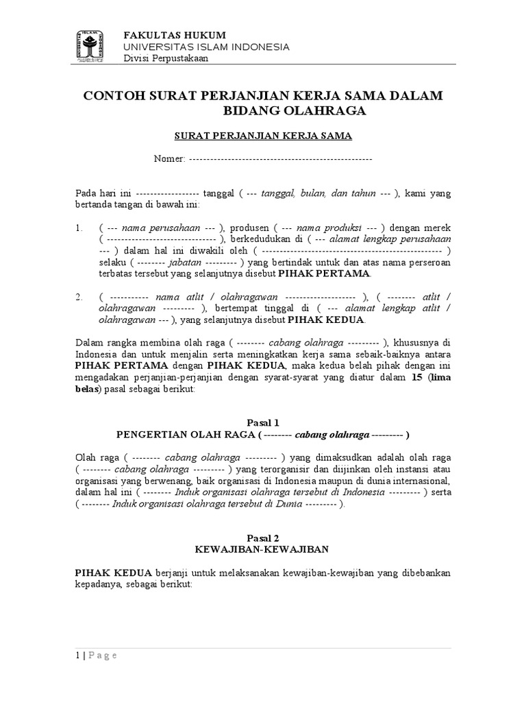 Contoh Surat Perjanjian Kerjasama Dalam Bidang Olah Raga Fh Uii Pdf