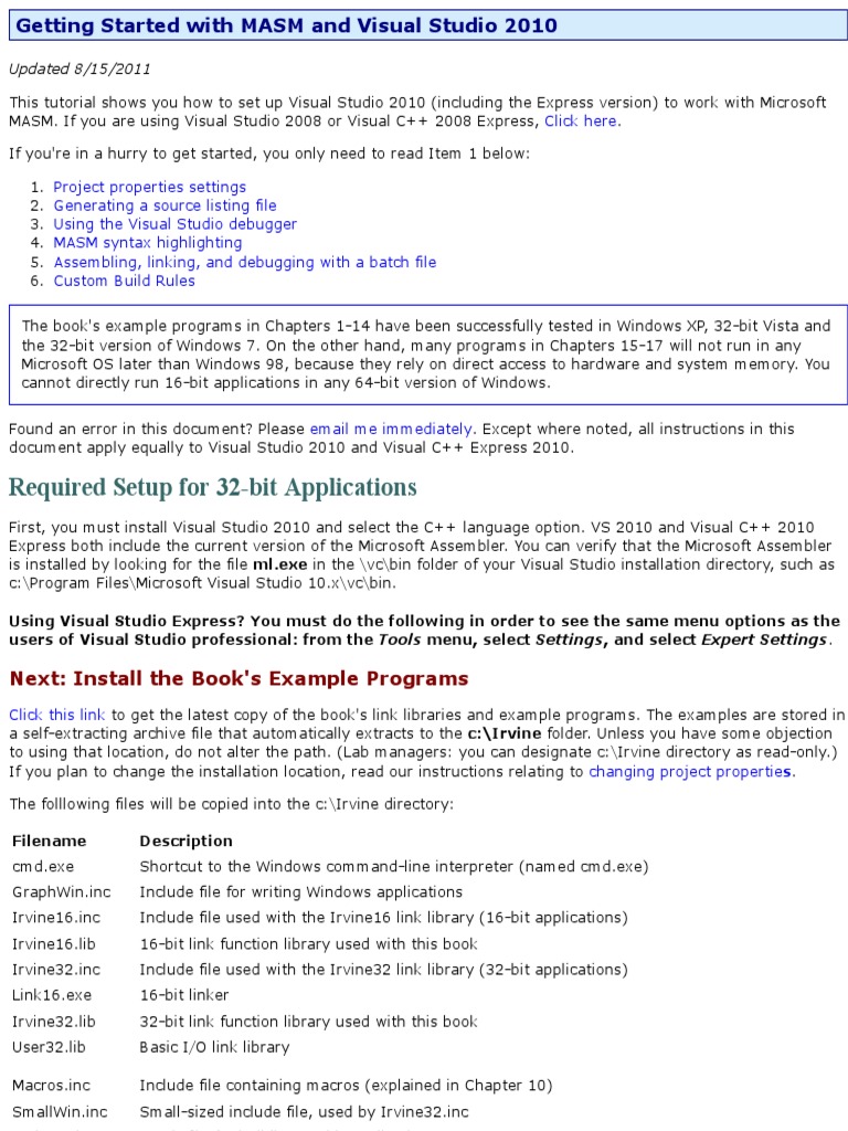 Getting Started With Masm And Visual Studio 10 Microsoft Visual Studio Command Line Interface
