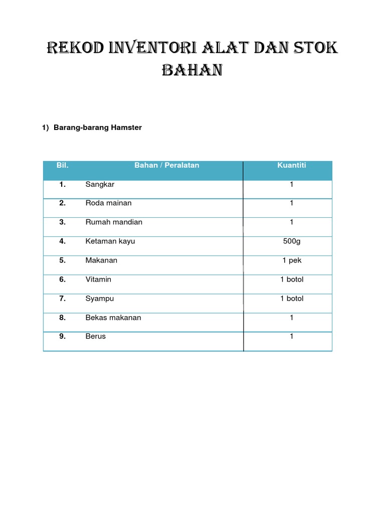 Rekod Inventori Alat Hamster dan Ikan | PDF | Sains & Matematika
