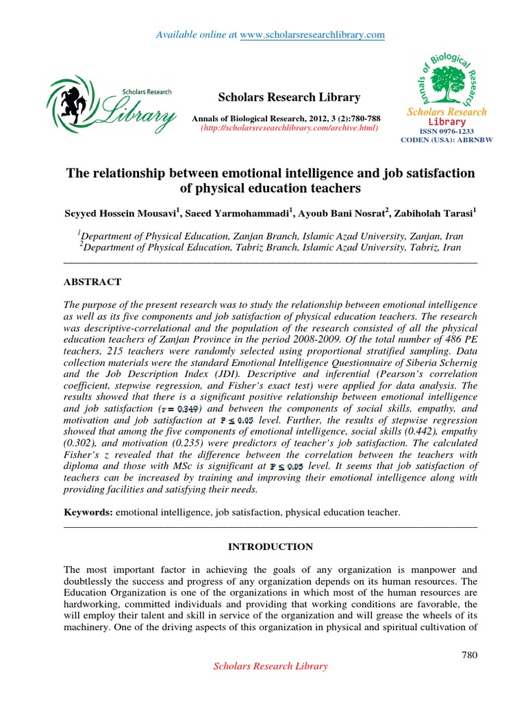 Emotional Intelligence and Job Satisfaction in PE Teachers | PDF | Job ...