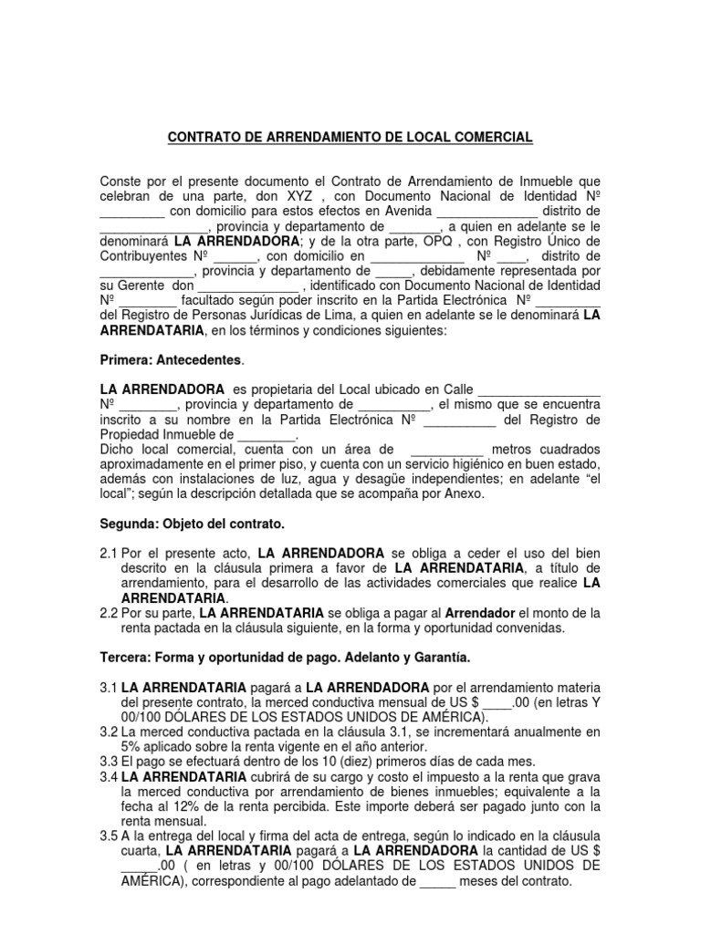 Contrato de Arrendamiento Local Comercial