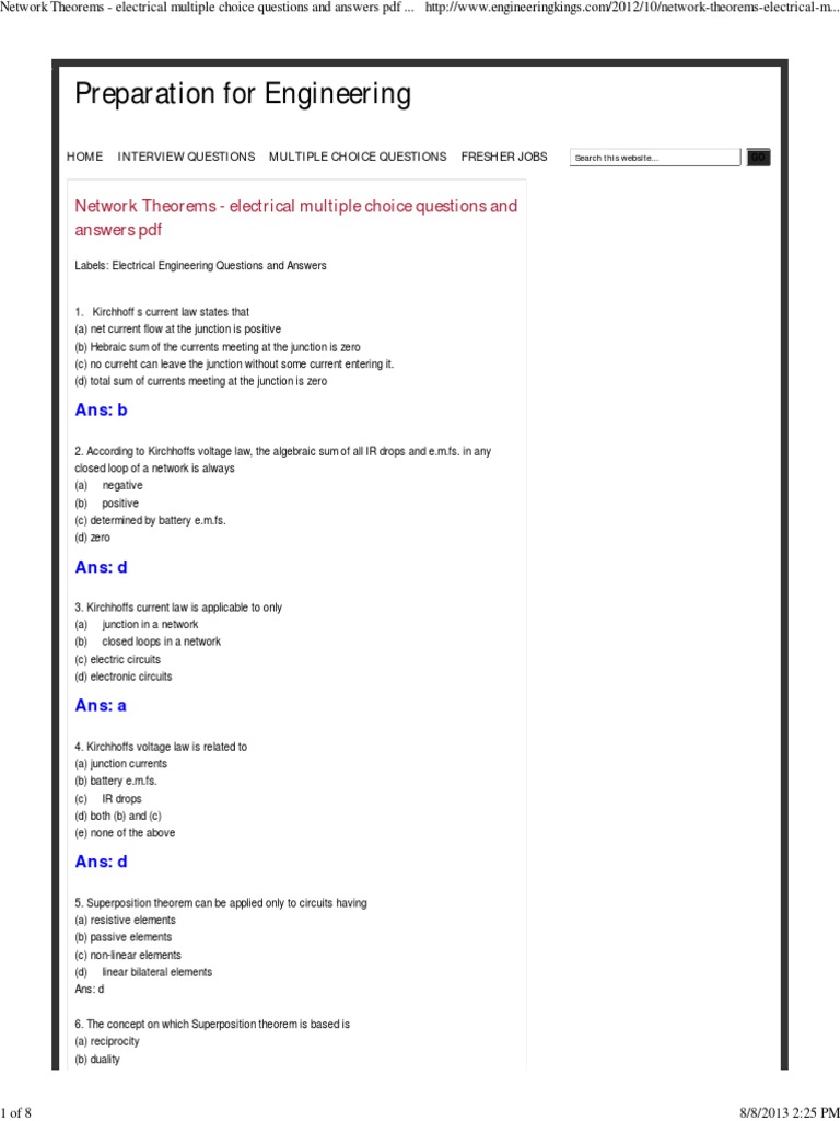 Network Theorems MCQs for Engineers | PDF | Electrical Network ...
