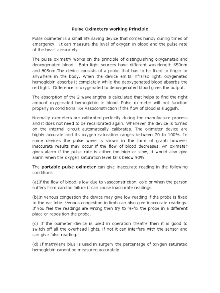 Pulse Oximeters Working Principle PDF Clinical Medicine