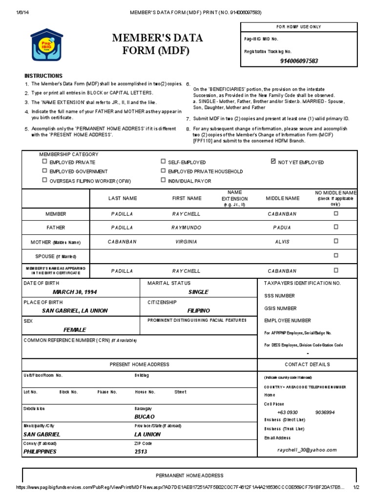Member's Data Form (MDF) Print (No | PDF | Address (Geography) | Government