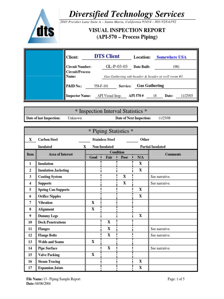 Gas Piping Visual Inspection Report | PDF | Corrosion | Ultrasound