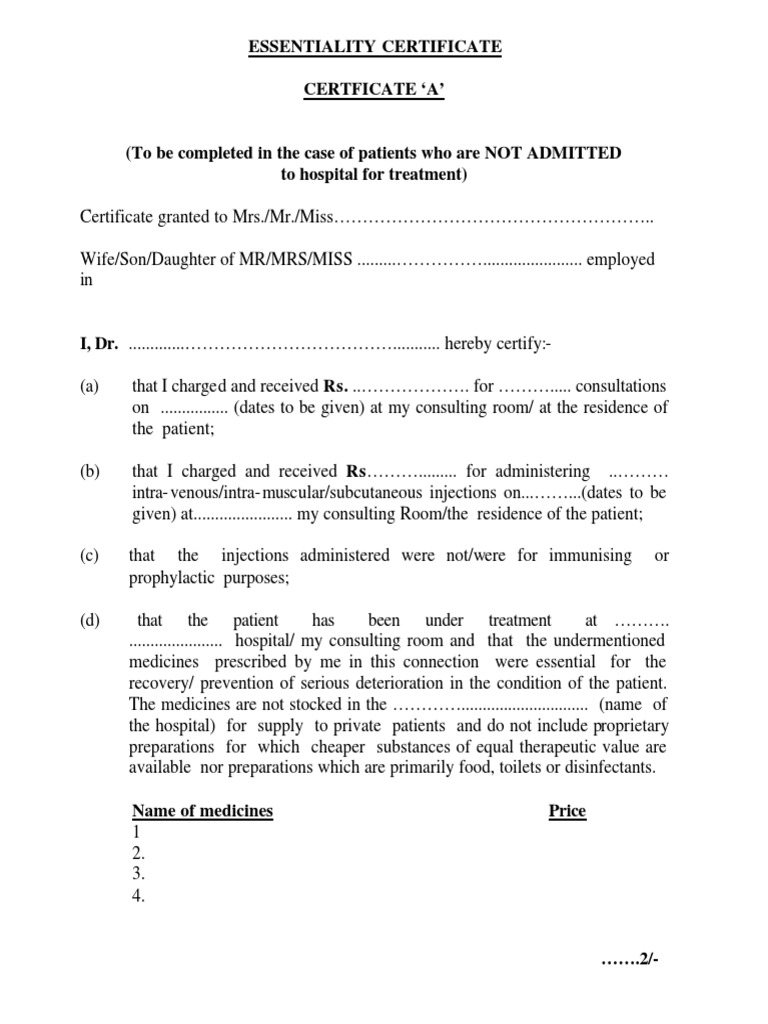 Essentiality Certificate for Medical Reimbursement | PDF | Patient ...