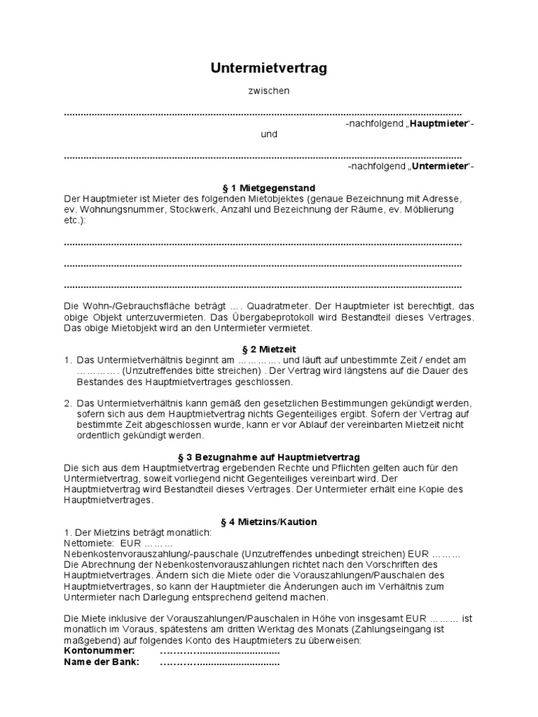 Muster Untermietvertrag 123um De