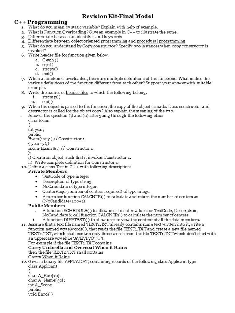 Important Questions XII Computer Science CBSE | PDF | Constructor ...
