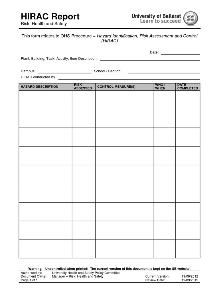 HIRAC Report Template and Guidelines | PDF | Finance & Money Management