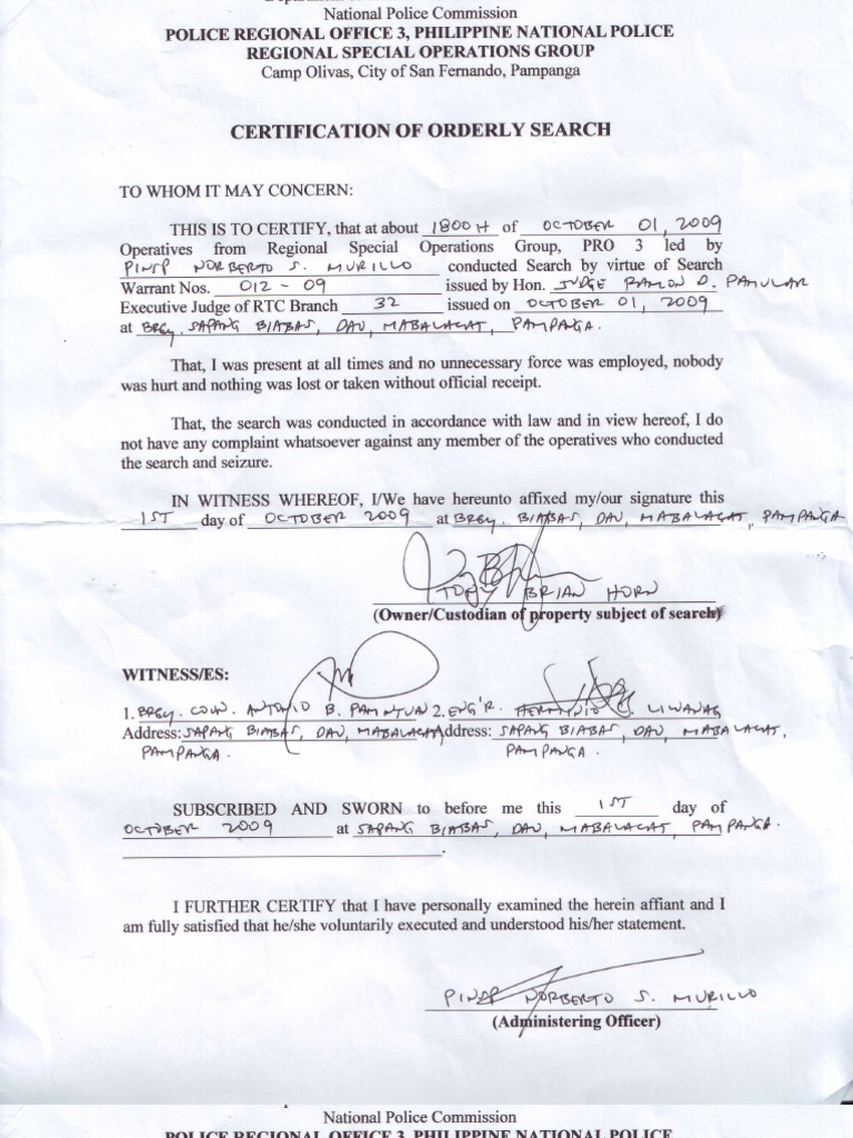 Certification of Orderly Search and Seizure Report | PDF
