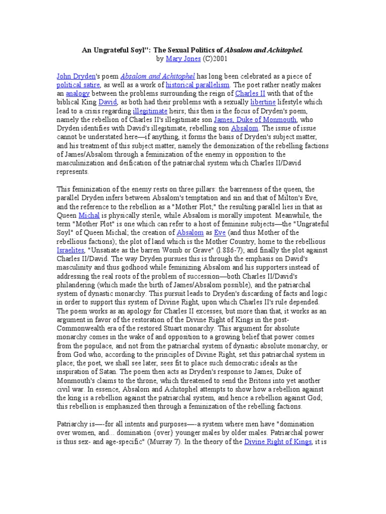 An Ungrateful Soyl The Sexual Politics Of Absalom And Achitophel