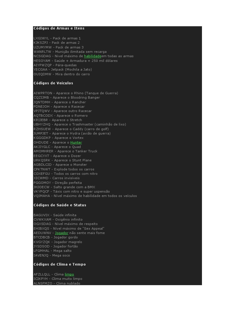Todos Os Códigos Do GTA San Andreas, PDF, Tráfego