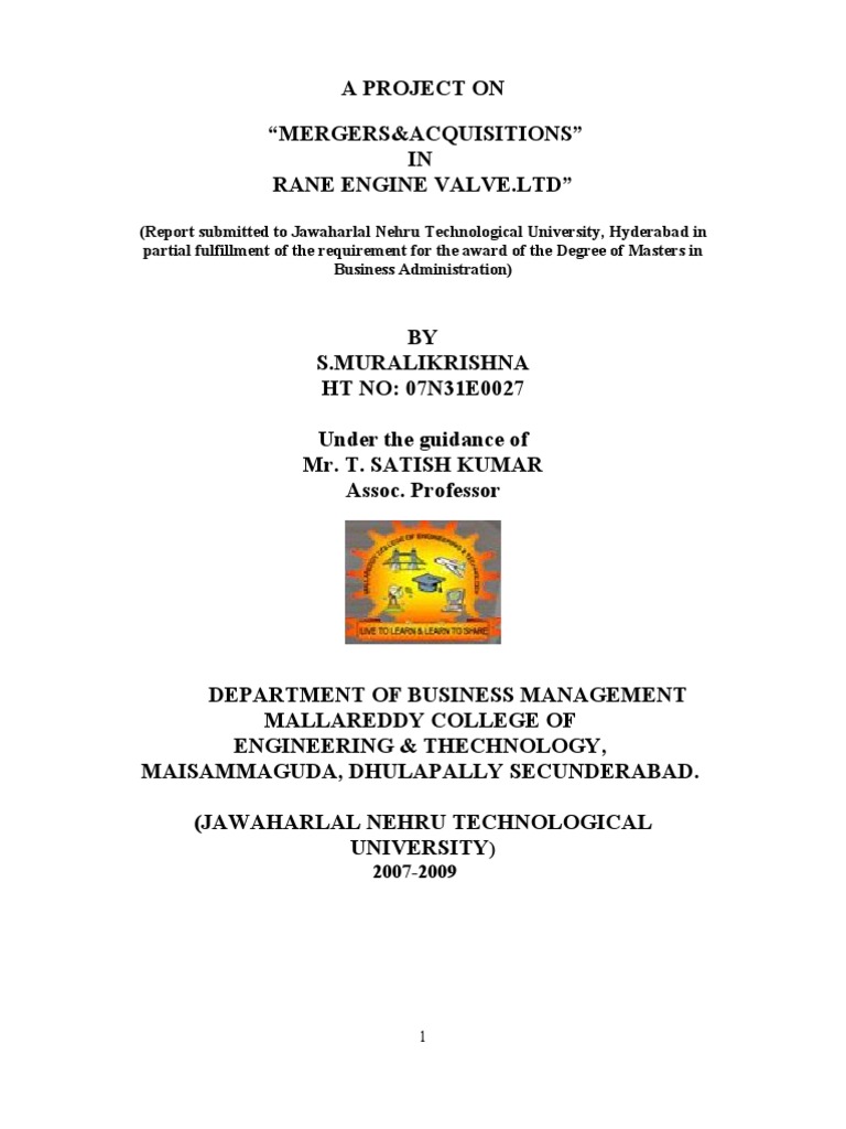 Mergers & Acquisitions of Rane Engine Valve LTD PDF Mergers And