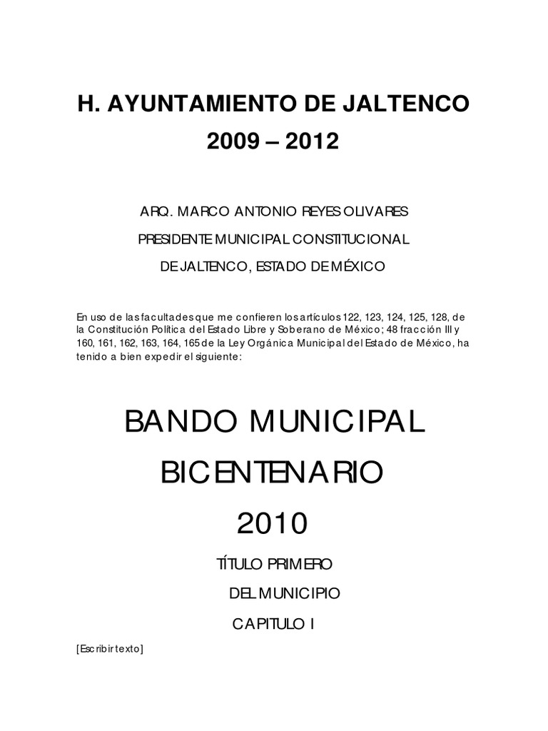 Bando Municipal Bicentenario 2010: H. Ayuntamiento De 