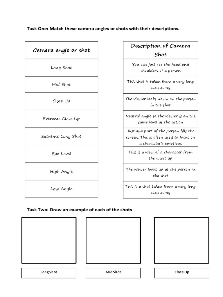Camera Angle or Shot Worksheet