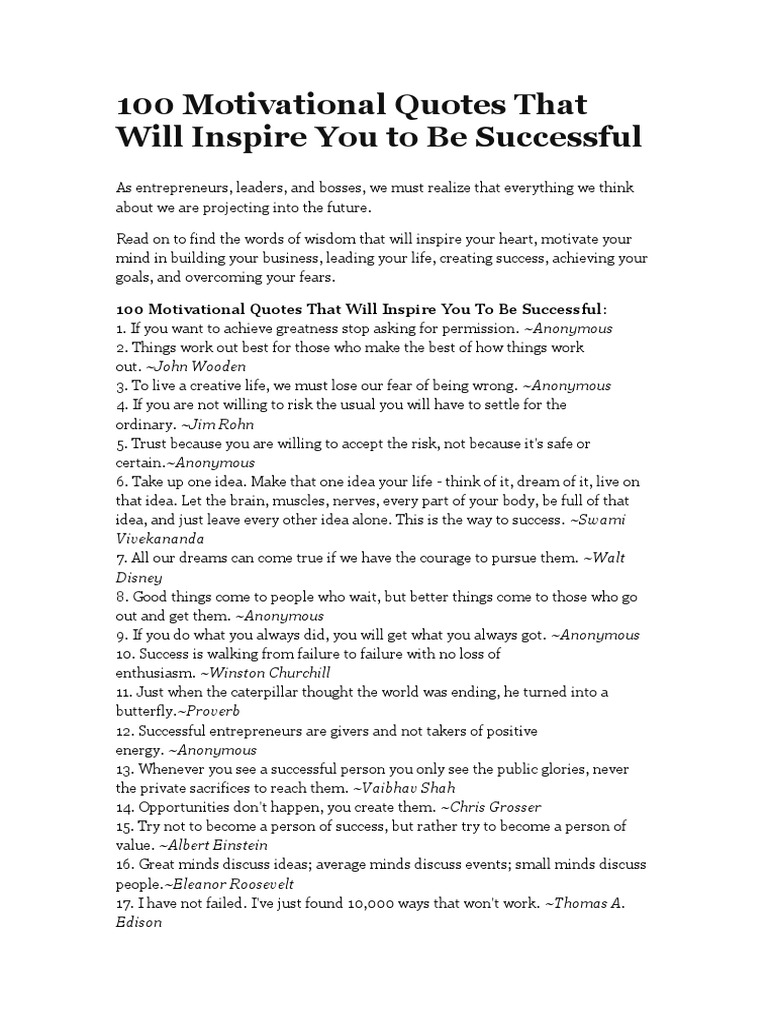 100 Motivational Quotes That Will Inspire You To Be Successful | PDF ...