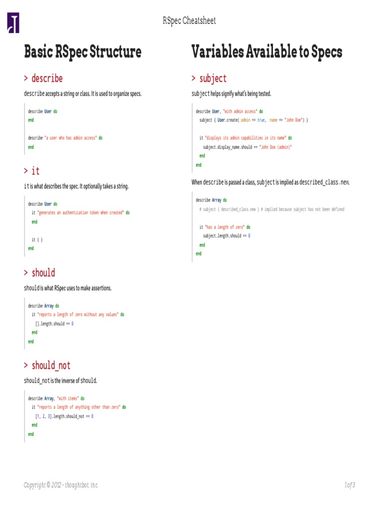 Basic Rspec Structure Variables Available To Specs: Describe Describe ...
