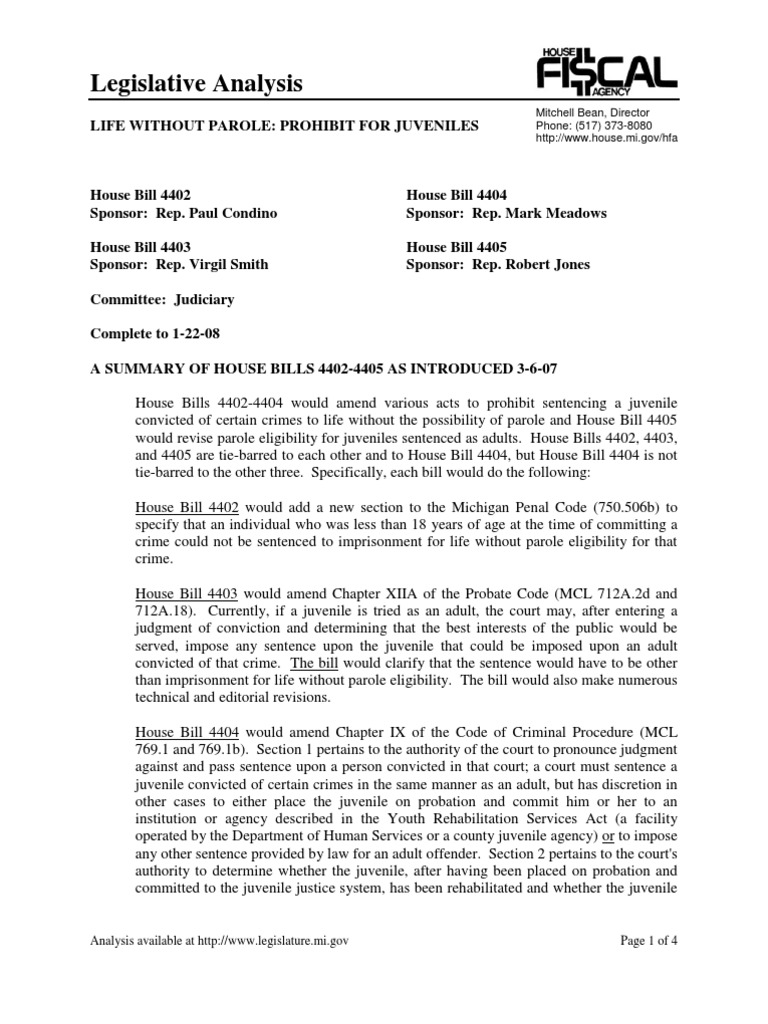Michigan House Bills 44024405 Legislative Analysis Proposes Abolishment of Juvenile Life