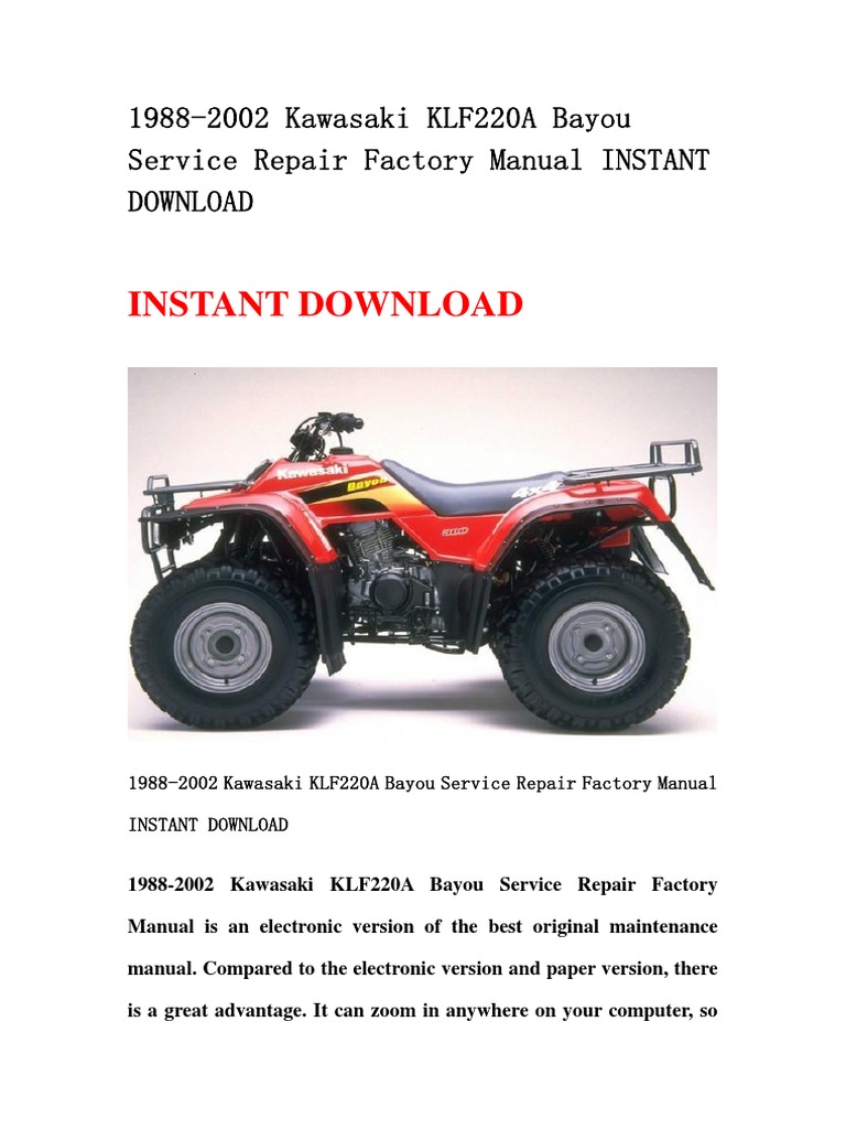 1988-2002 Kawasaki KLF220A Bayou Service Repair Factory Manual INSTANT  DOWNLOAD
