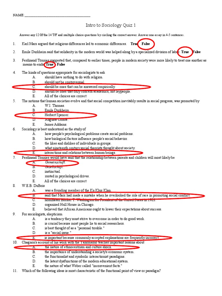 Intro to Sociology Quiz 1 | PDF | Sociology | Émile Durkheim
