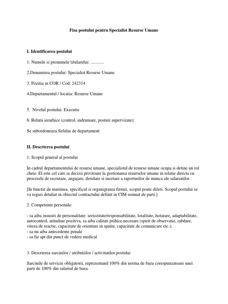 Fisa Postului Pentru Specialist Resurse Umane
