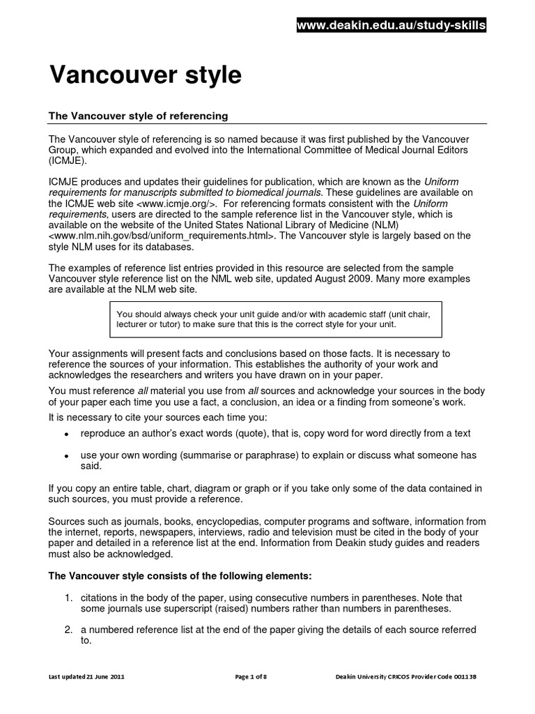 Vancouver Citation Writing
