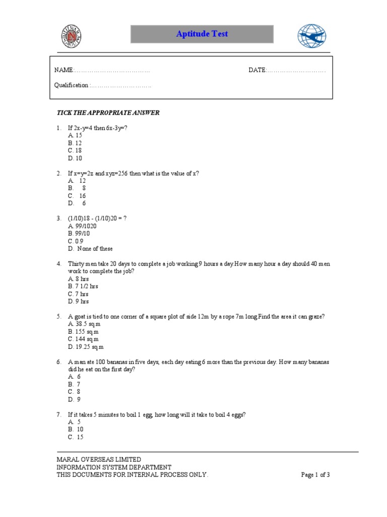 Aptitude Test Questions and Answers | PDF