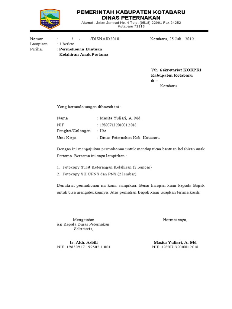 Surat Permohonan Bantuan Kelahiran Dan Perkawinan Sita