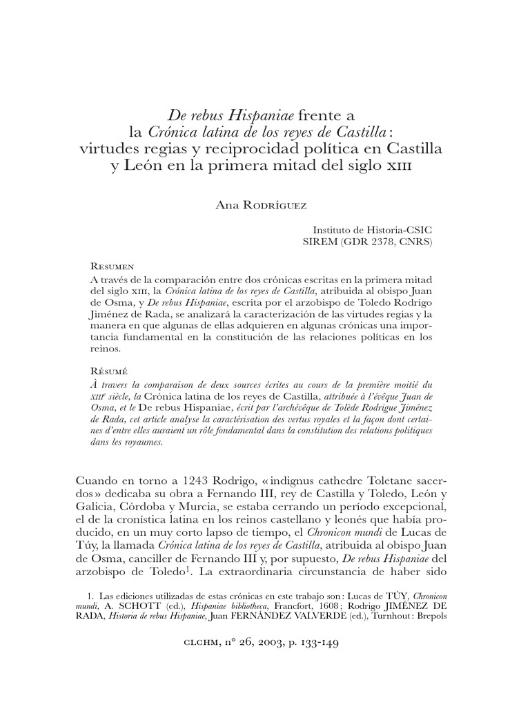 De Rebus Hispaniae Frente A La Crónica Latina de Los Reyes de Castilla