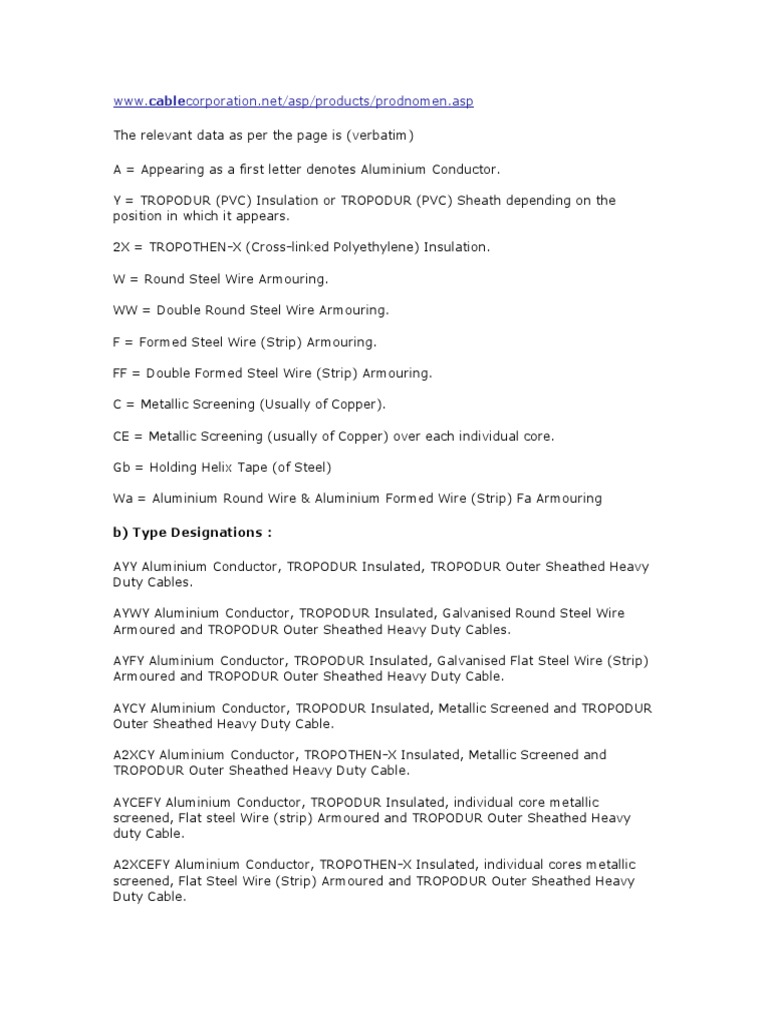 Www. Cable B) Type Designations PDF