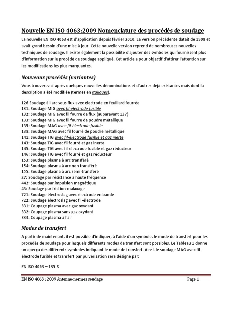 Mise à jour EN ISO 4063:2009 Soudage | PDF | Soudage | Construction