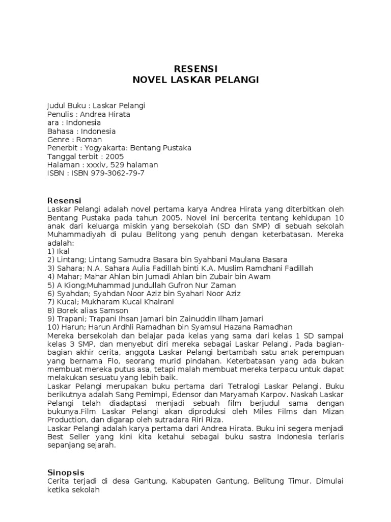 Resensi Novel Laskar Pelangi