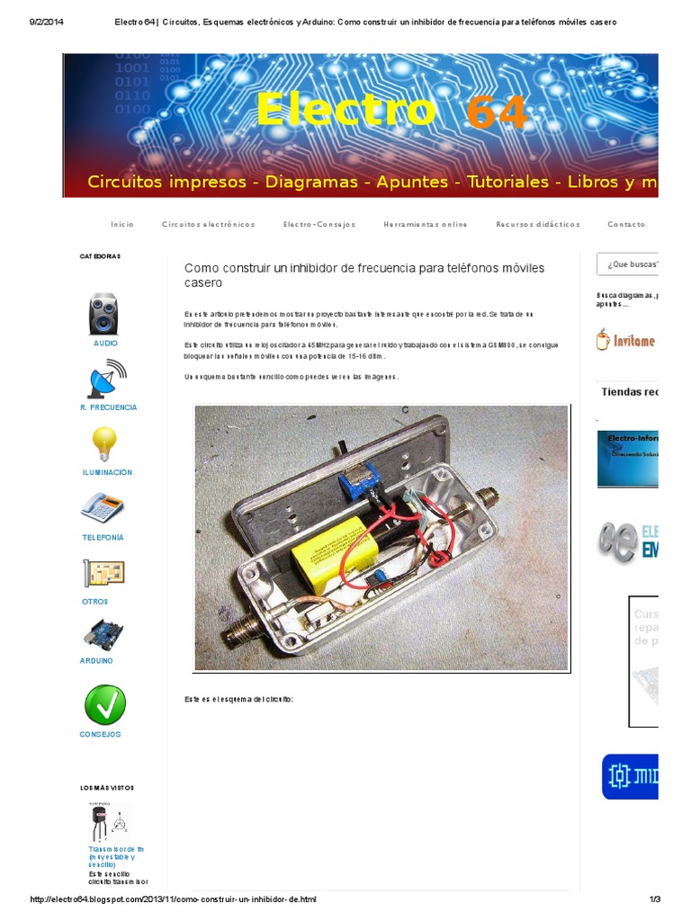 Electro 64 - Circuitos, Esquemas Electrónicos y Arduino - Como Construir Un  Inhibidor de Frecuencia para Teléfonos Móviles Casero, PDF, Modulación de  frecuencia