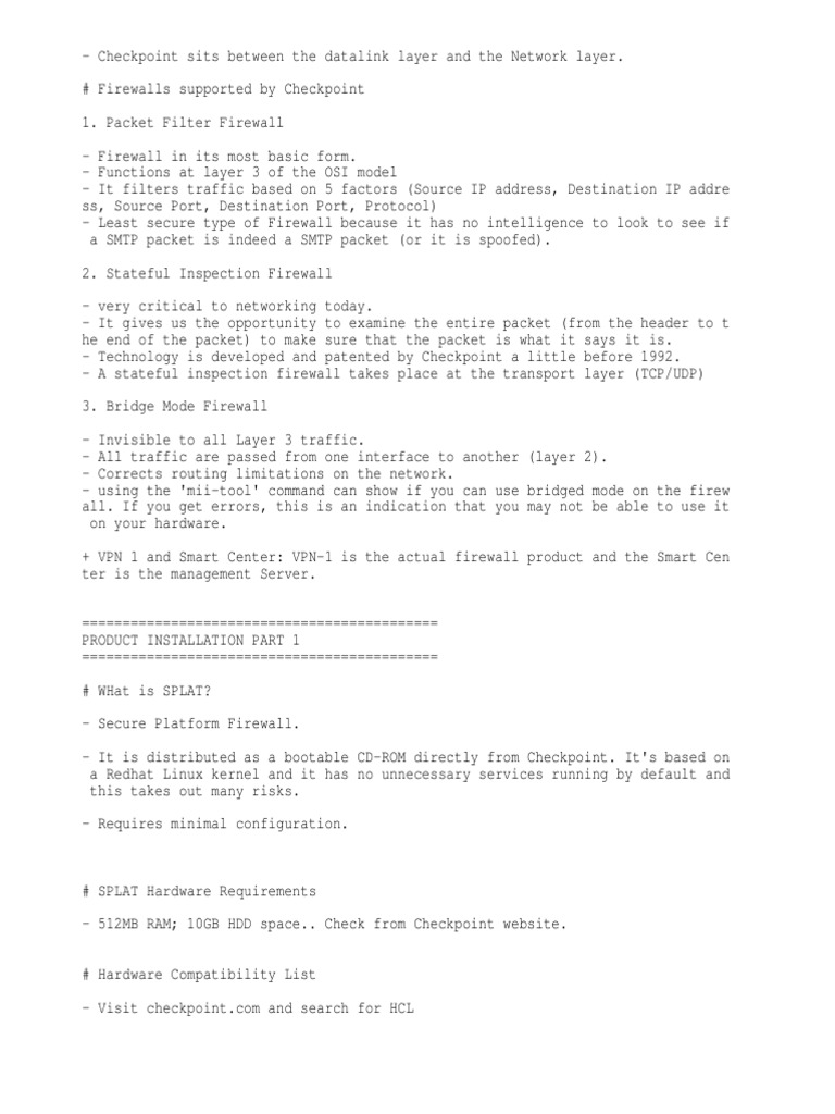 Checkpoint Firewall Types and SPLAT Setup | PDF | Firewall (Computing ...
